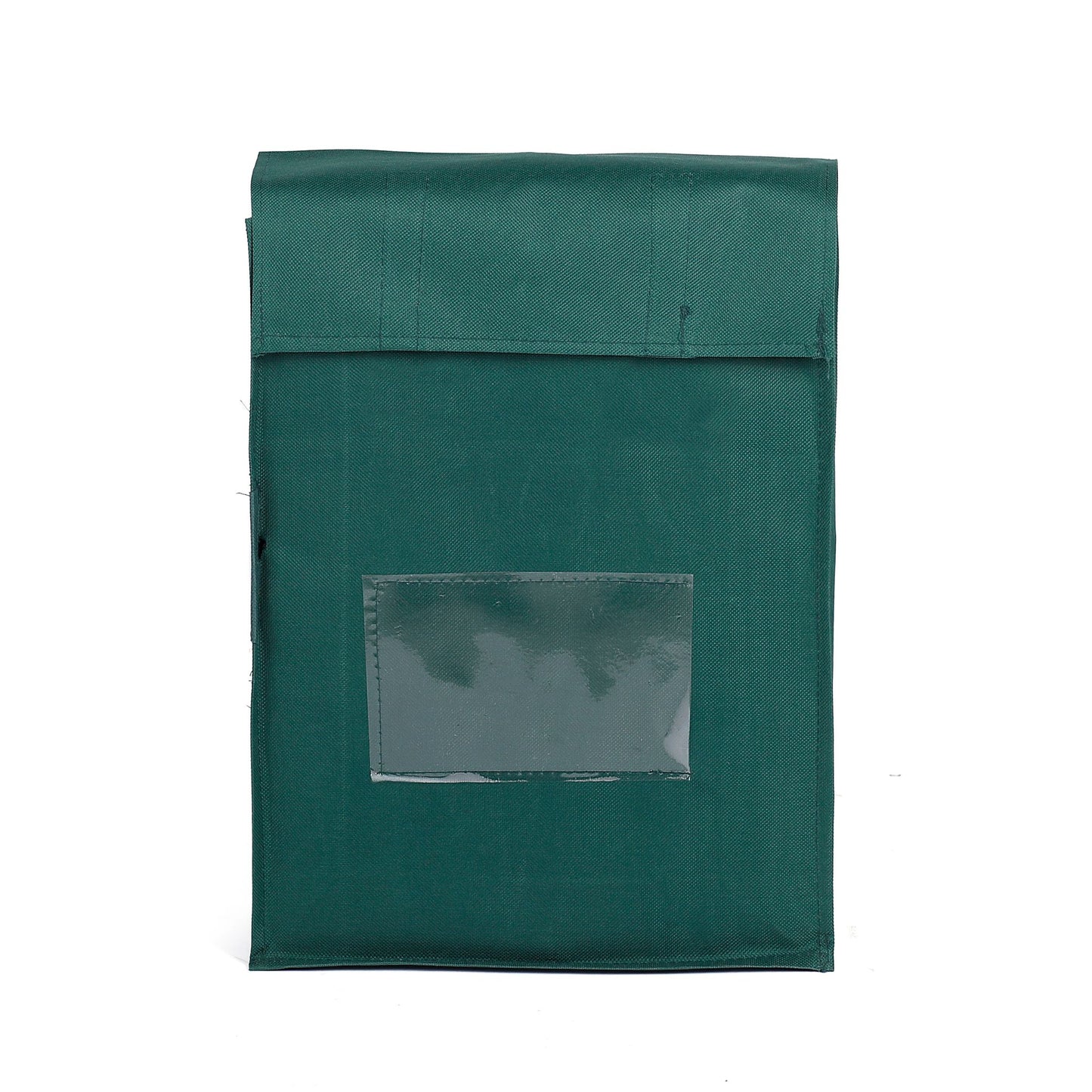 A green 2 pocket folder without handles, featuring a clear window on the front cover.