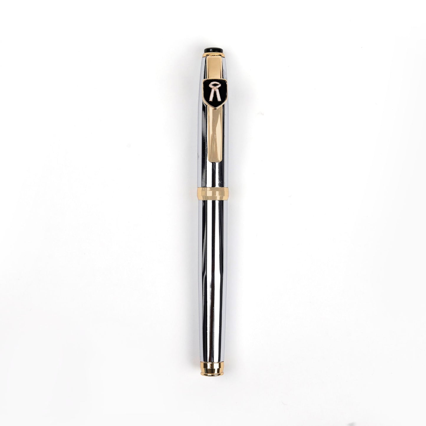 A sleek Advocate Symbol Pen with a metallic silver body, black and gold accents, and a cap.