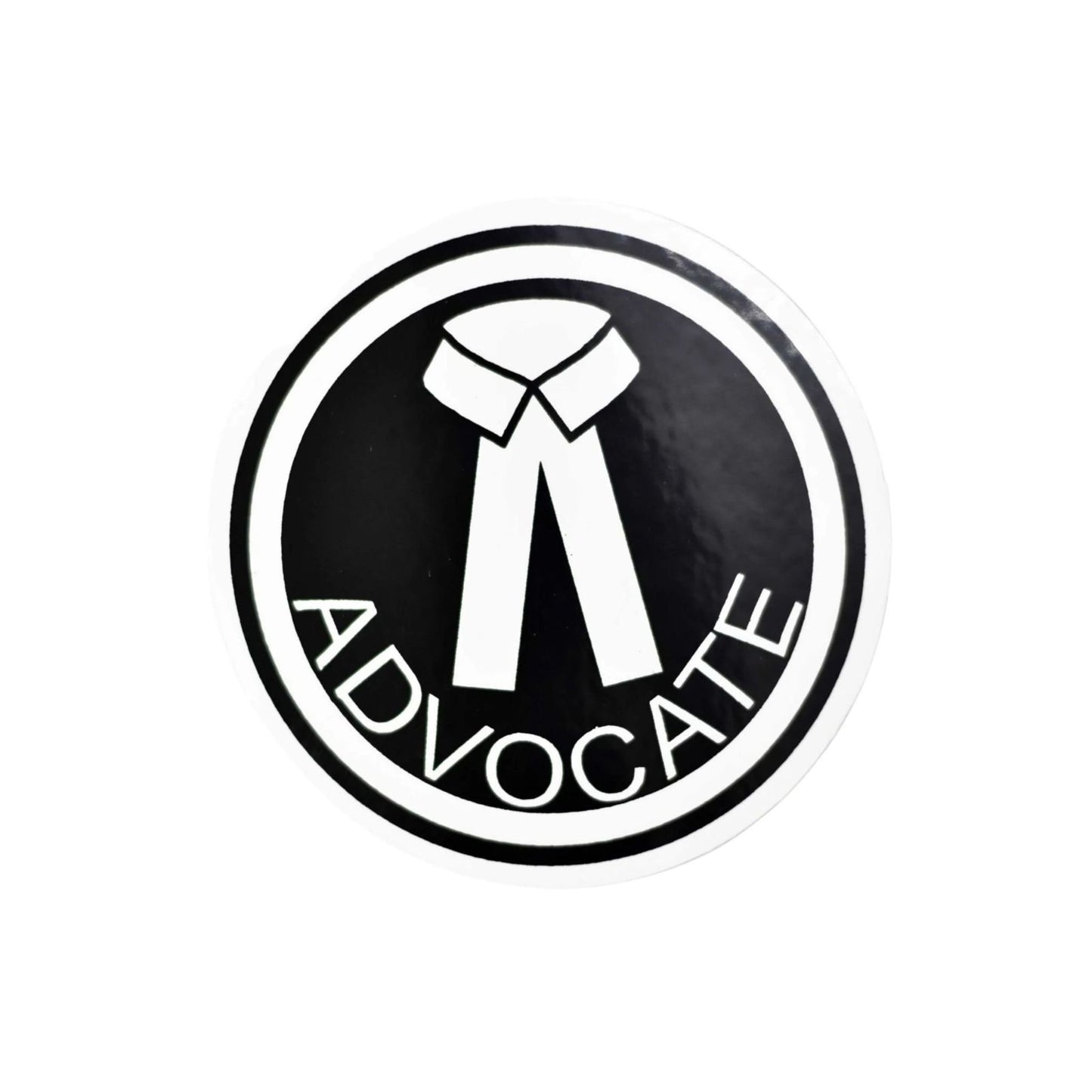 A sticker with the word 'ADVOCATE' written in bold letters, accompanied by an illustration of a laurel wreath.