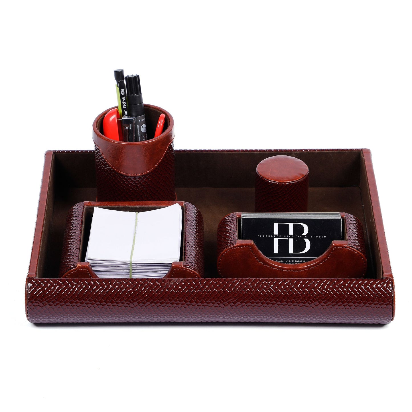 Brown Vegan Leather Desk Organizer with Wooden Core