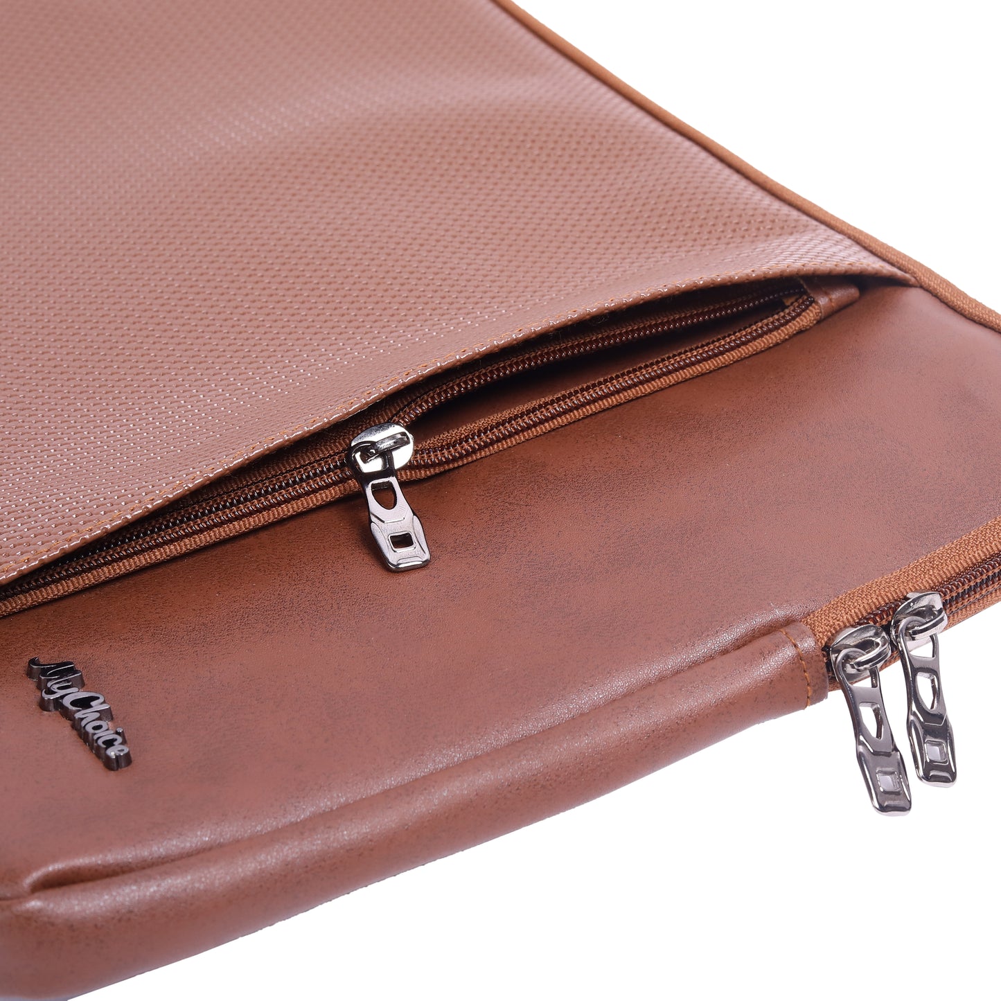 Brown leather bag with zippers on a white background