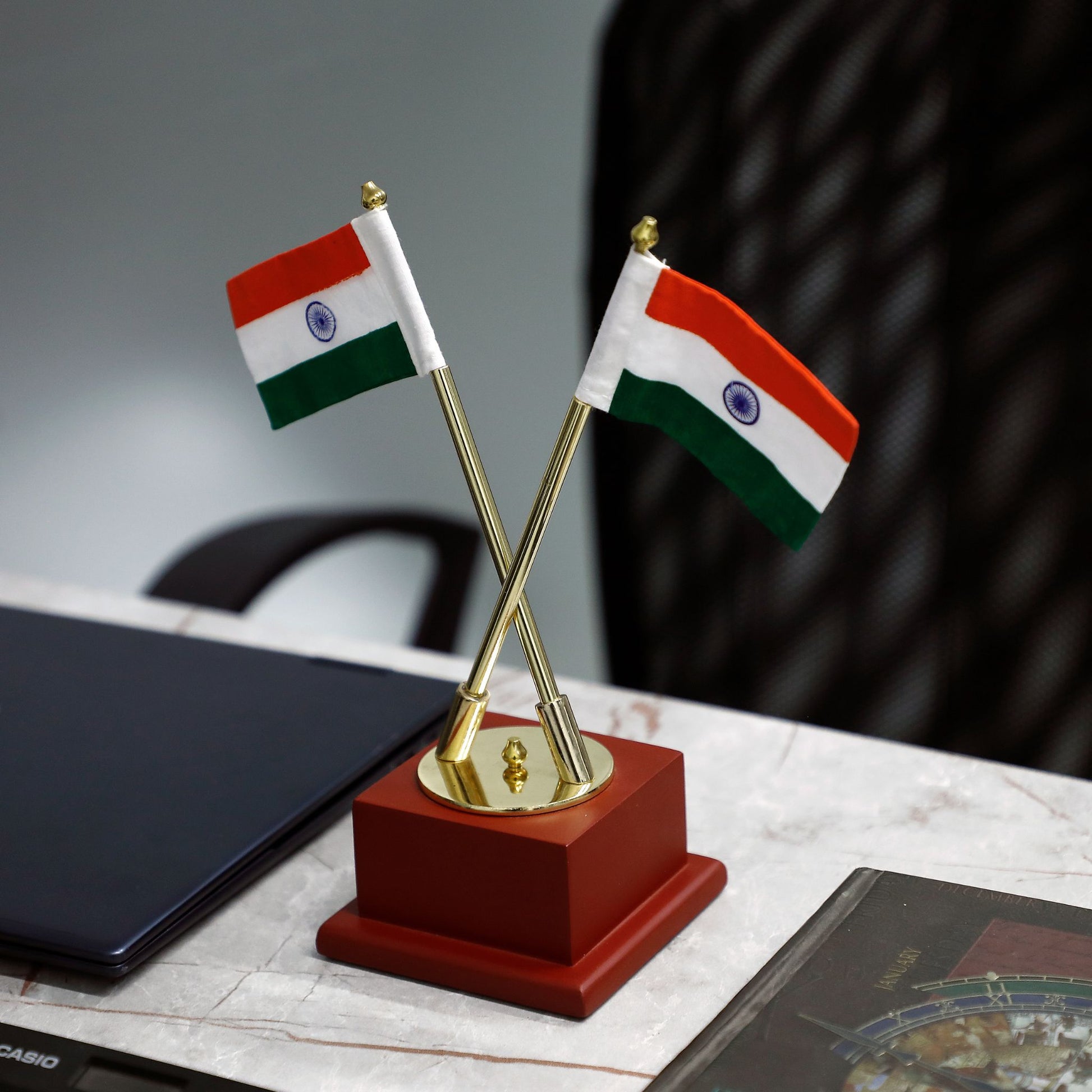 Indian Desk Flag with Metal Pole and Wooden Stand