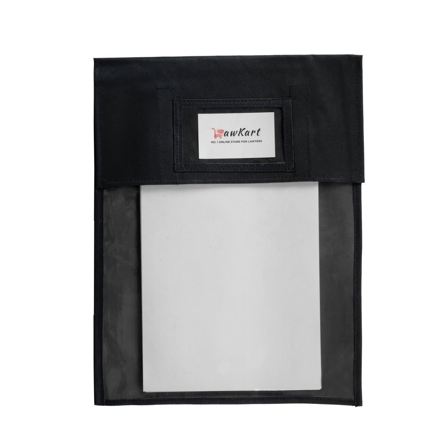 Black pouch with a white label on a white background