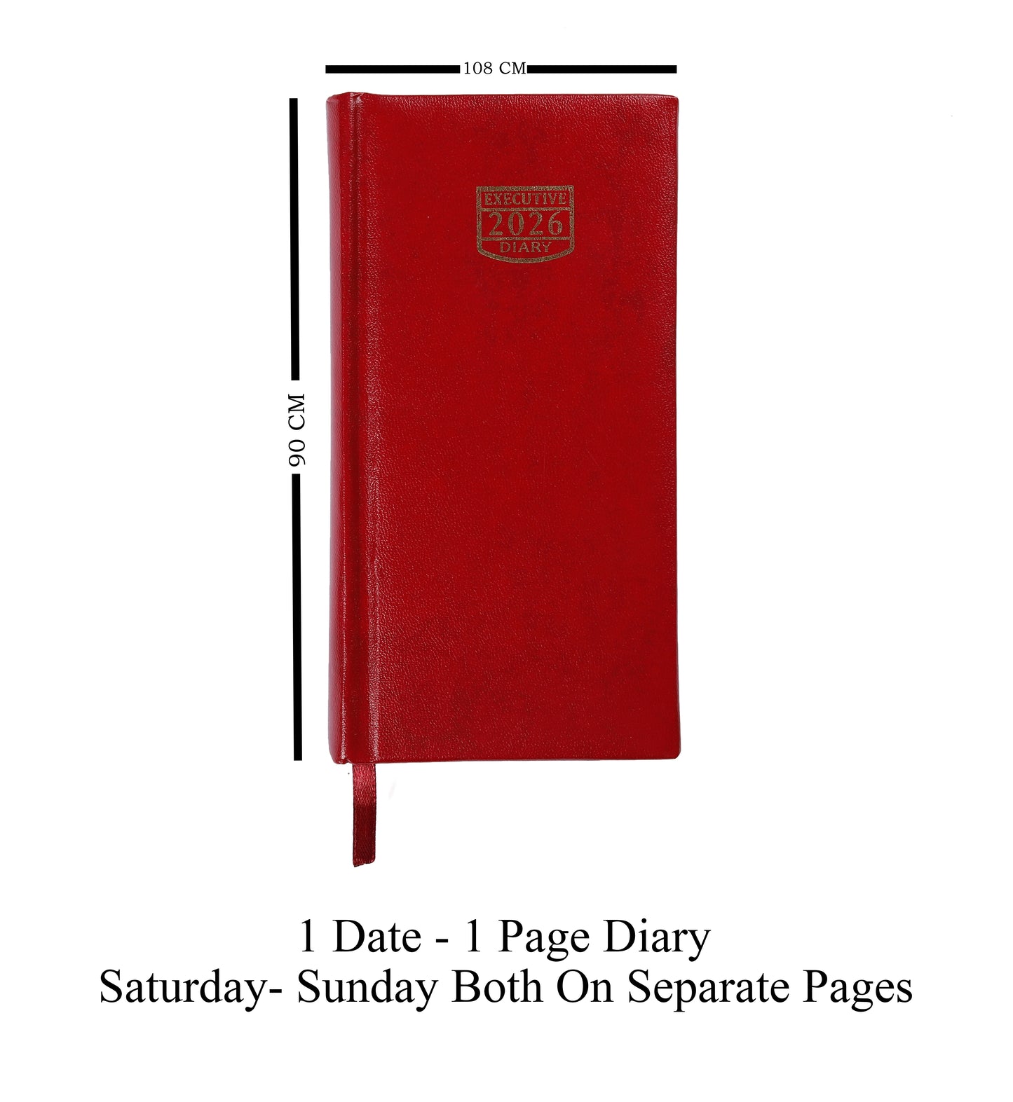 Red diary with dimensions and text on a white background
