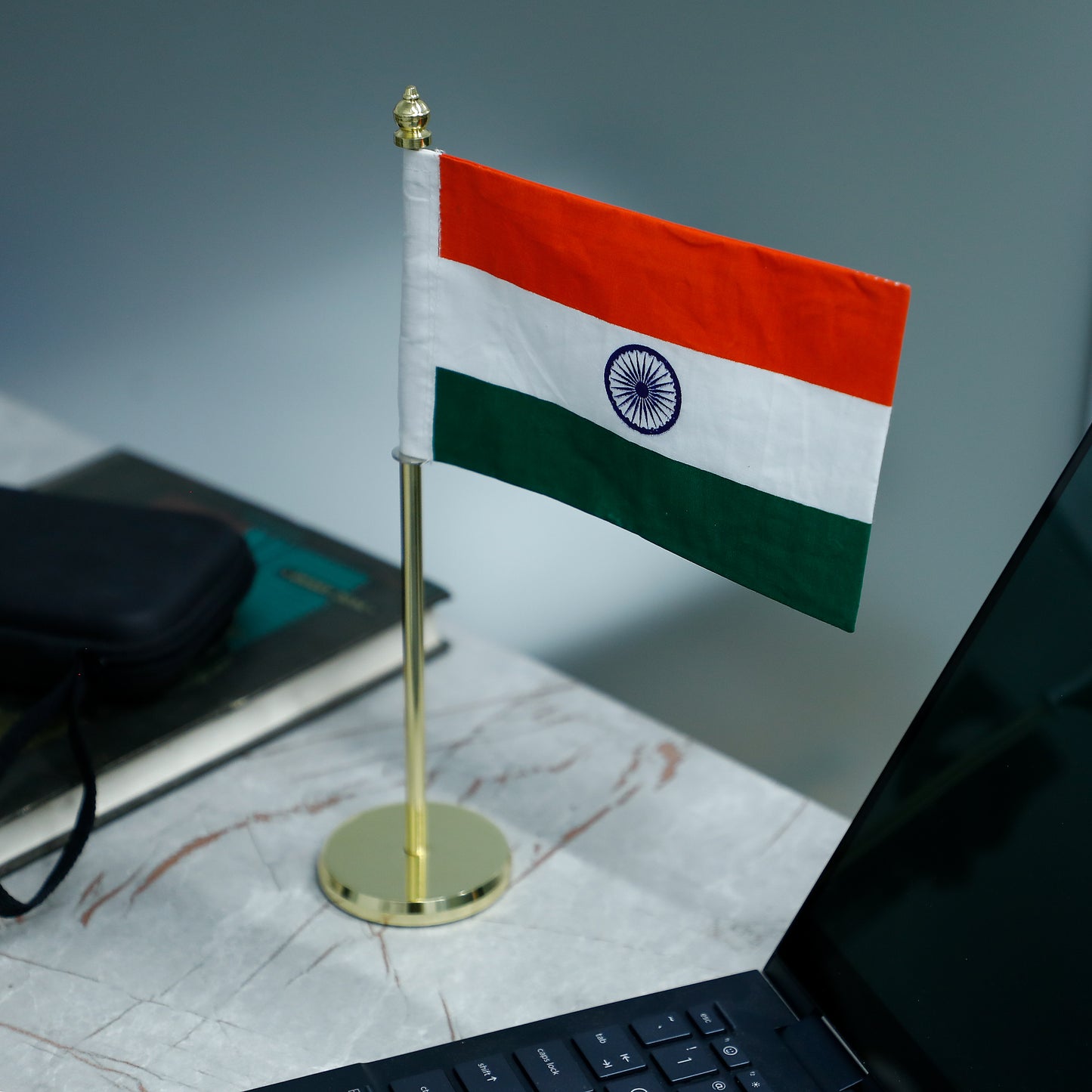 Table Top Indian Flag with Golden Rod & Base