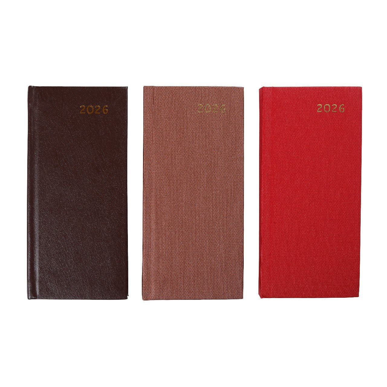 Three diaries in brown, red, and red with gold text on a white background