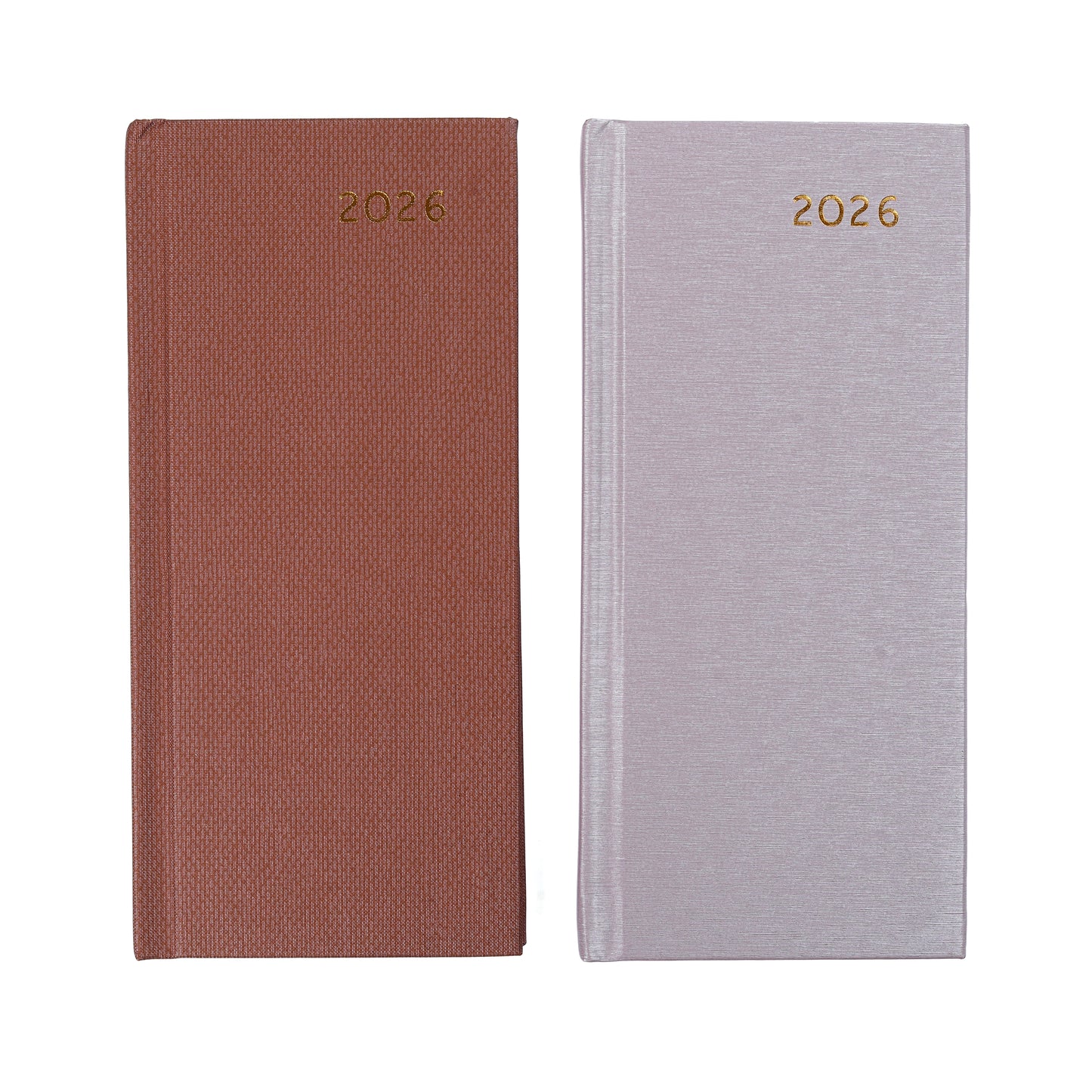 Two diaries, one brown and one gray, with '2026' printed on the cover.