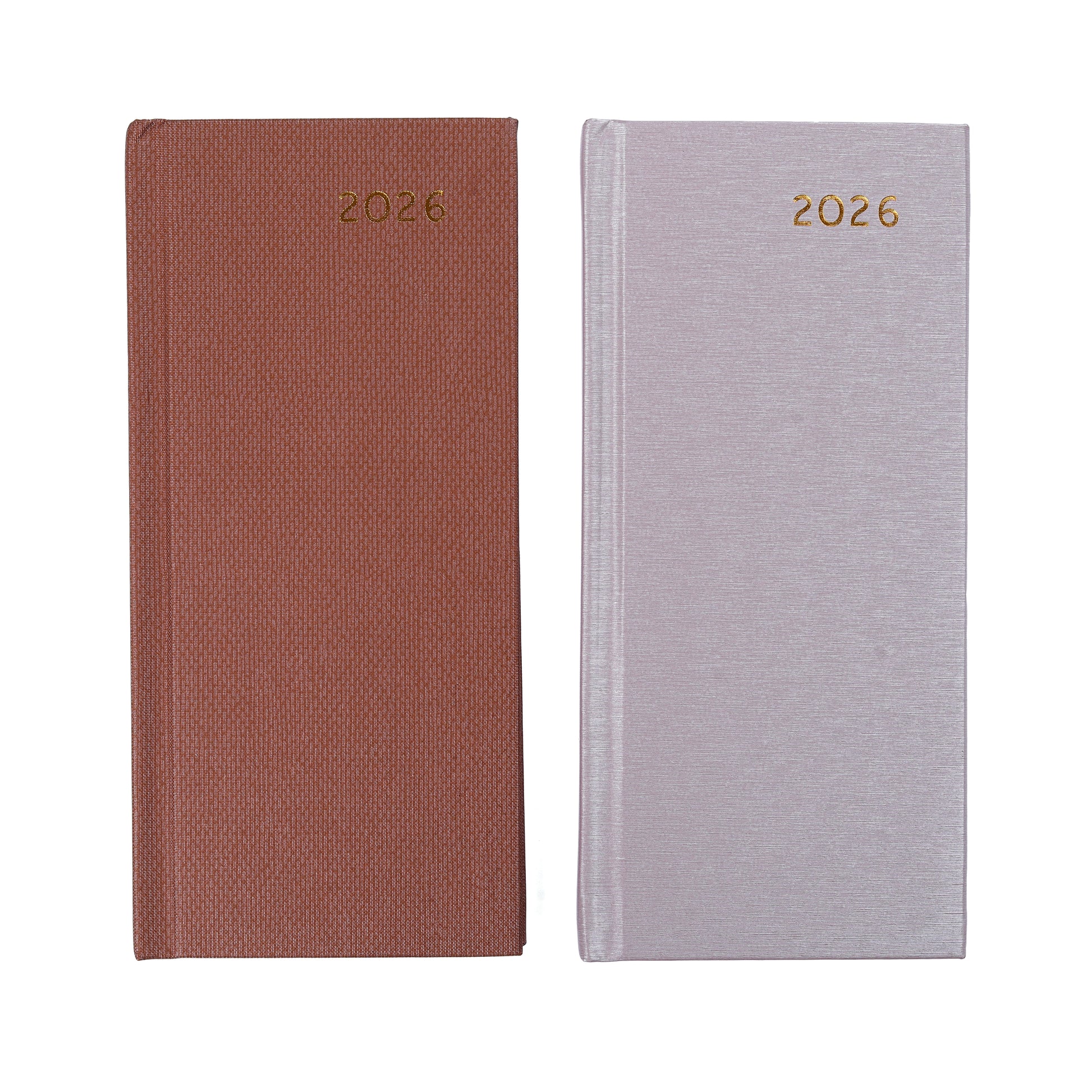 Two diaries, one brown and one gray, with '2026' printed on the cover.