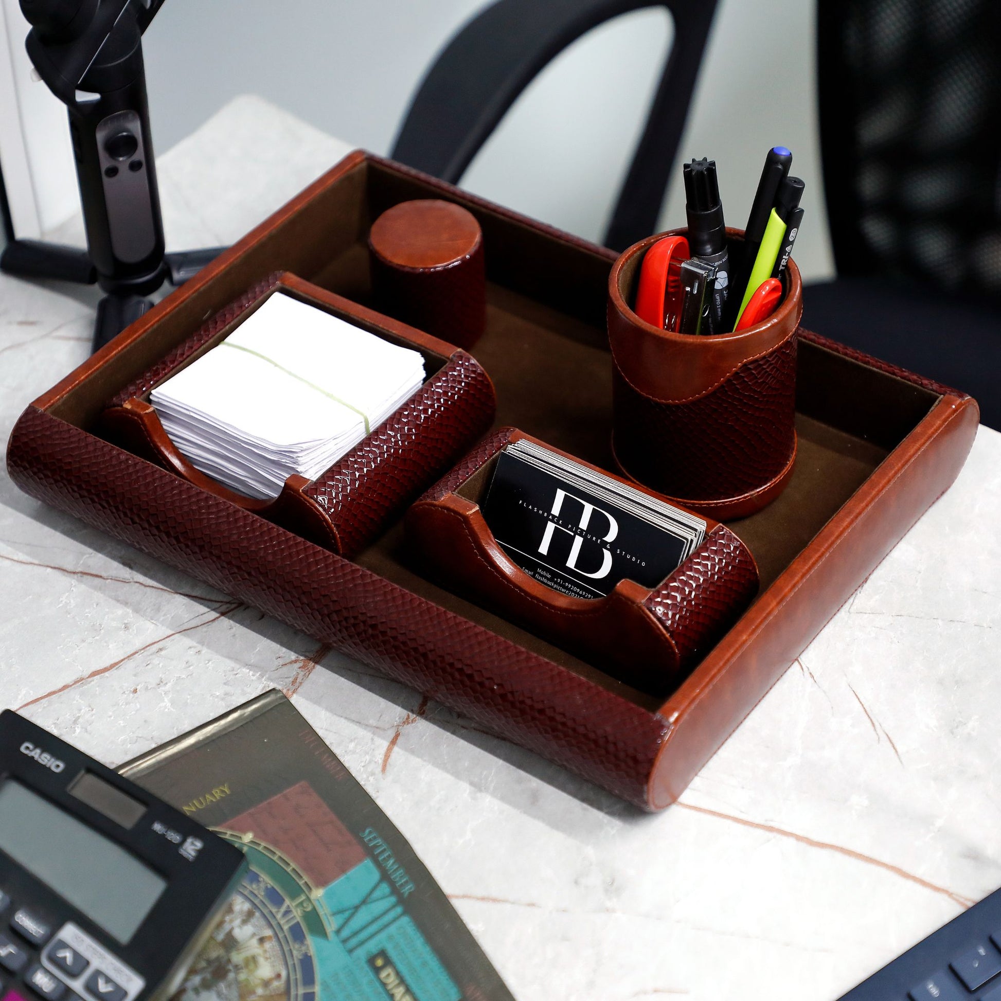 6-in-1 Leather Multipurpose Office Desk Storage