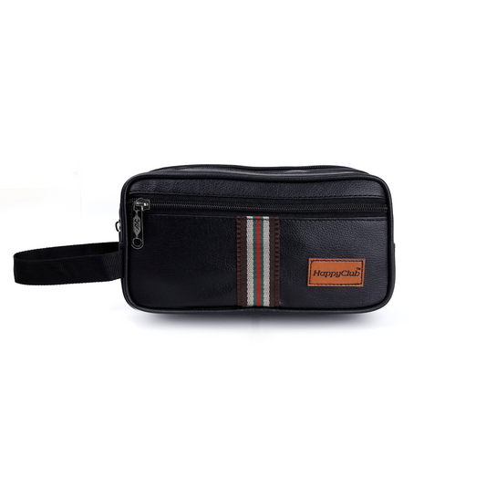 A black PU leather pencil case with multiple zippers, featuring a small strap and a brand label in the front.