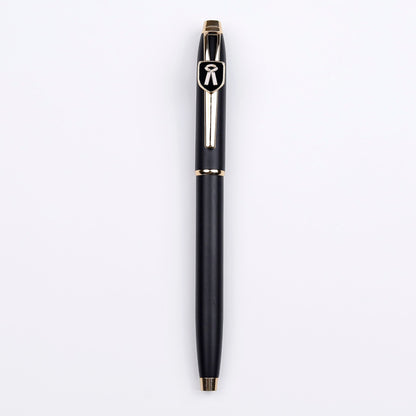 A black and gold ball pen with the brand symbol on the top, set against a white background.