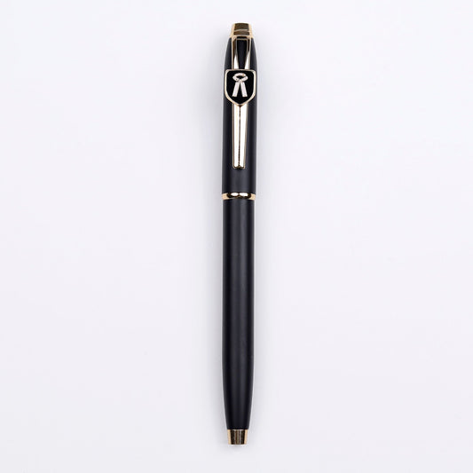 A black and gold ball pen with the brand symbol on the top, set against a white background.