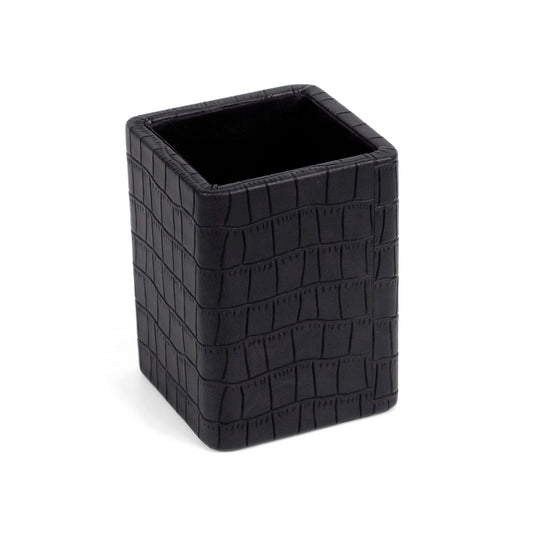 A black premium vegan leather pen holder with an alligator finish, designed for desk use.