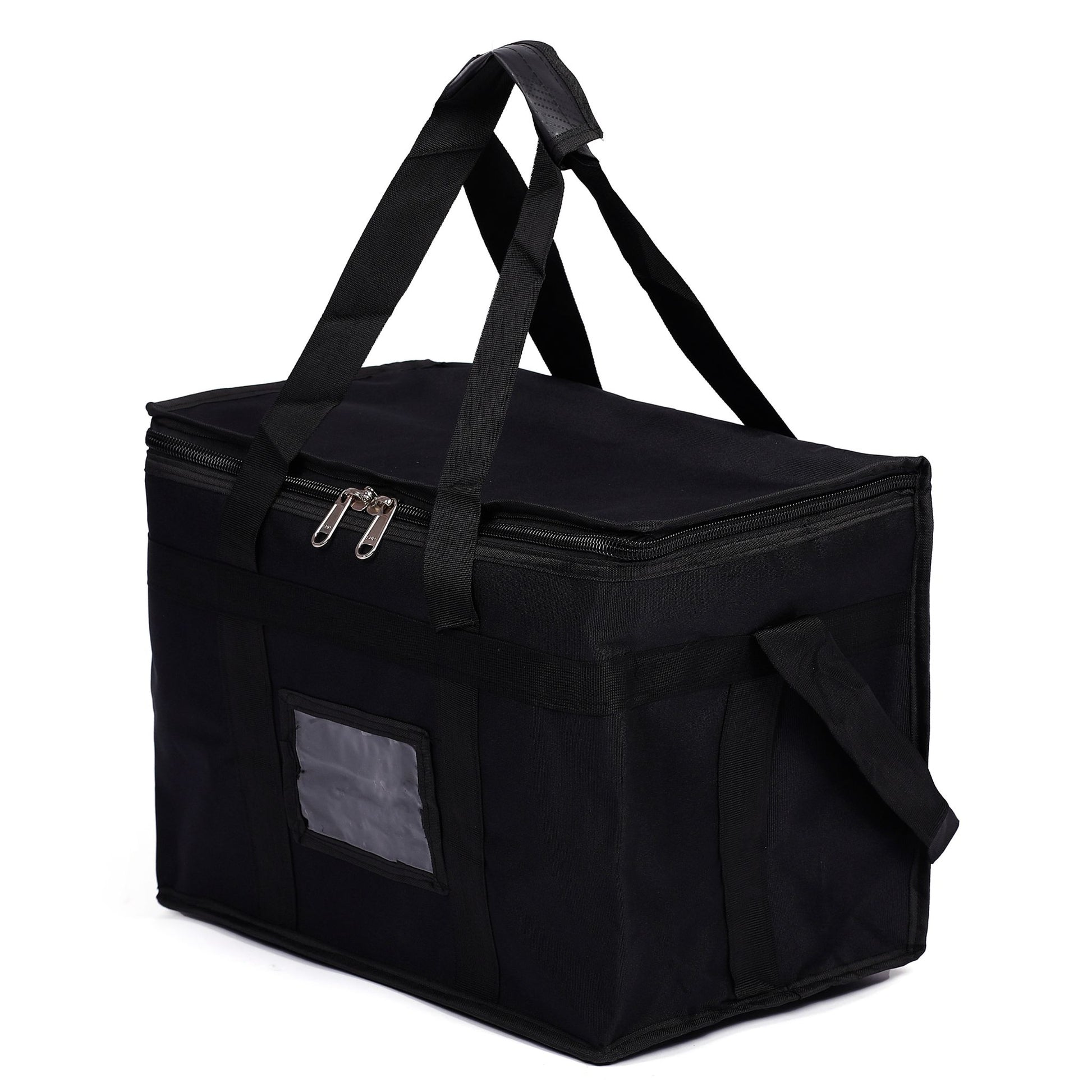 A black waterproof storage bag with a zipper and two handles.