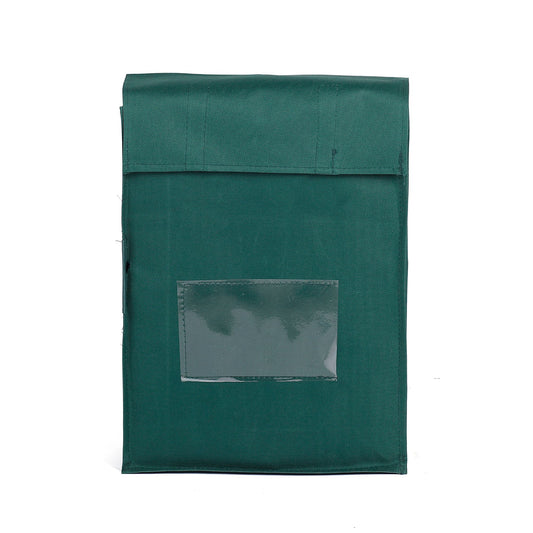 A green 2 pocket folder without handles, featuring a clear window on the front cover.