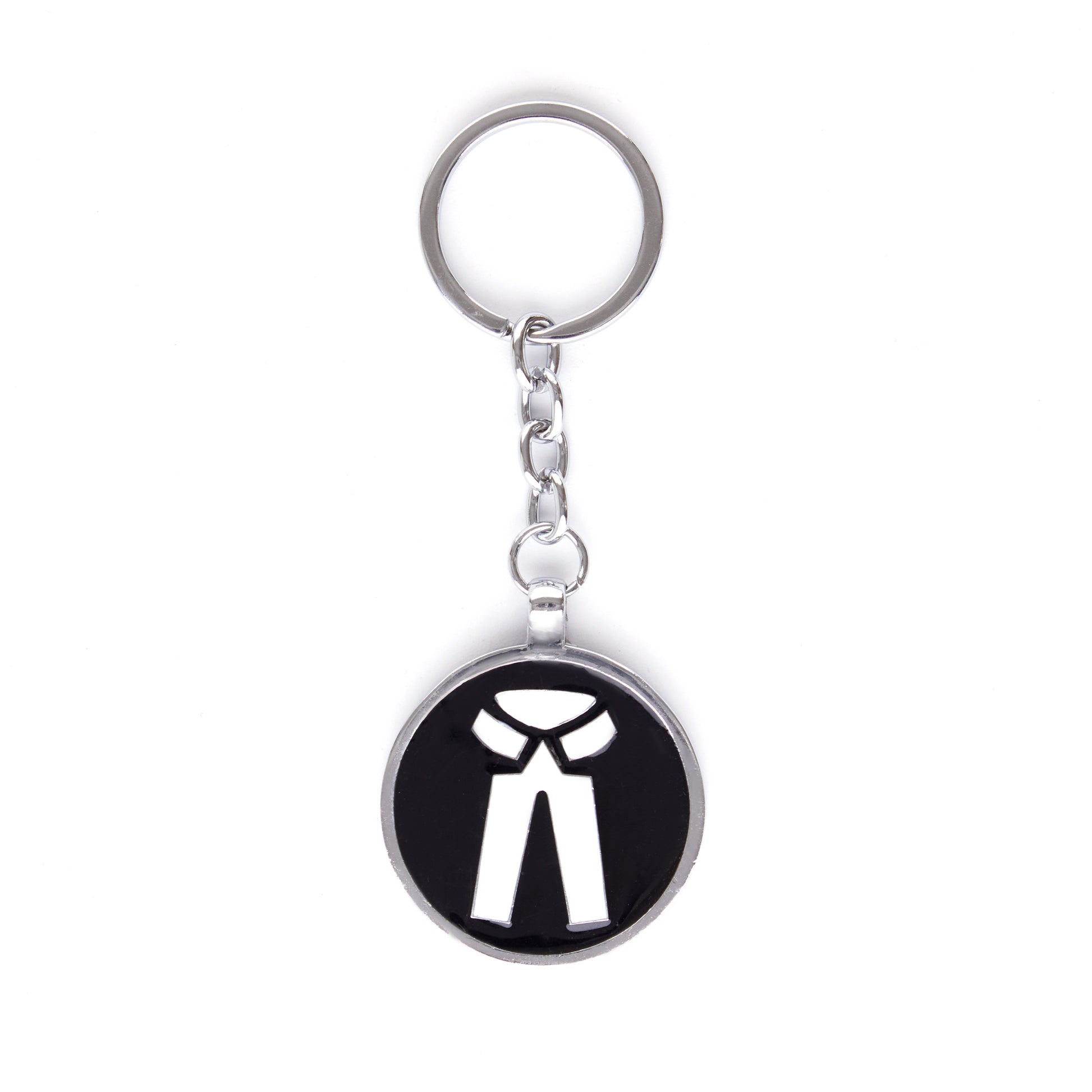 A metal keychain with a customized design featuring a black and white color scheme and a symbol related to law.