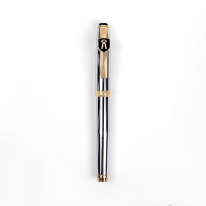 A sleek Advocate Symbol Pen with a metallic silver body, black and gold accents, and a cap.