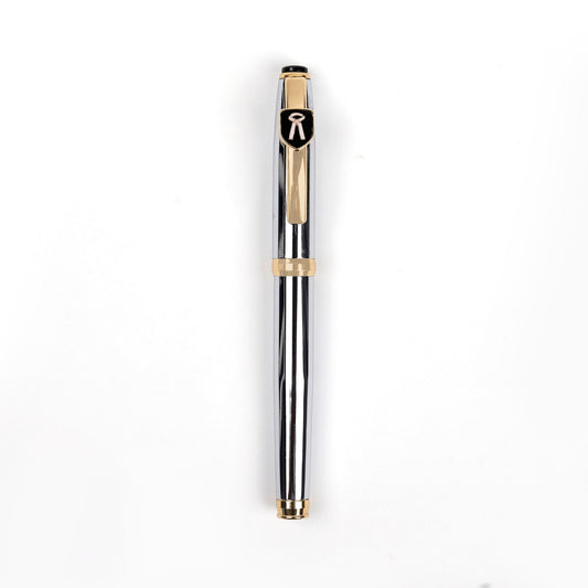 A sleek Advocate Symbol Pen with a metallic silver body, black and gold accents, and a cap.