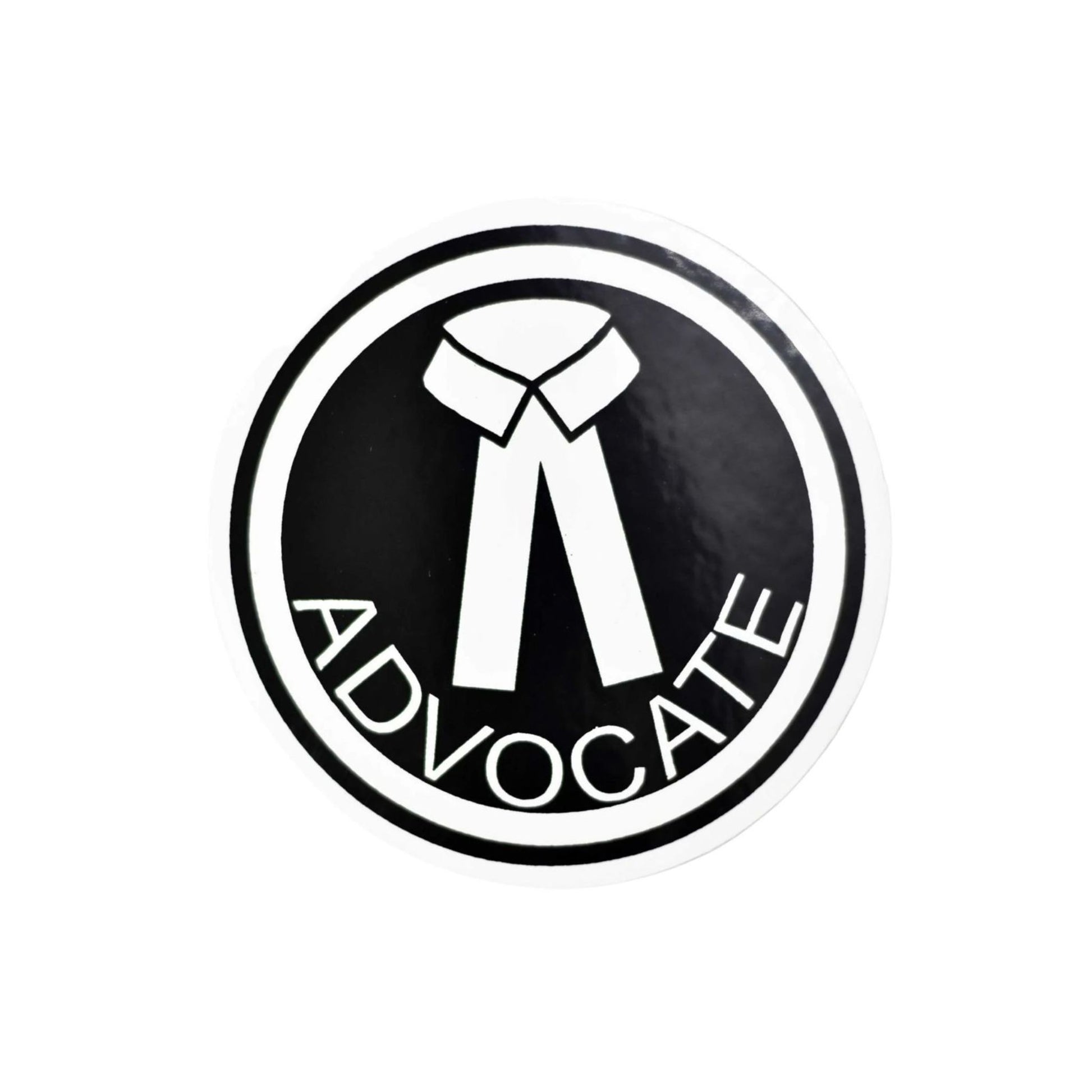 A sticker with the word 'ADVOCATE' written in bold letters, accompanied by an illustration of a laurel wreath.