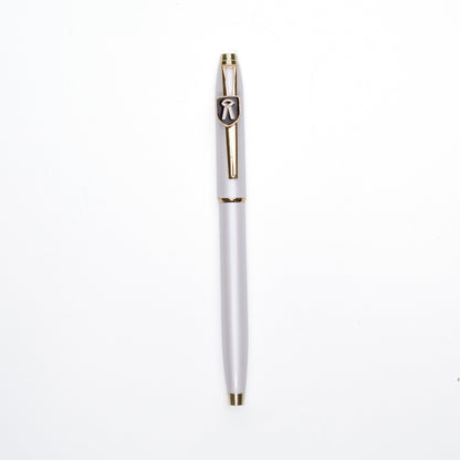 A ball pen with a metallic finish and a cap, featuring an advocate symbol on the top.