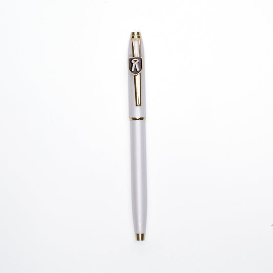 A ball pen with a metallic finish and a cap, featuring an advocate symbol on the top.