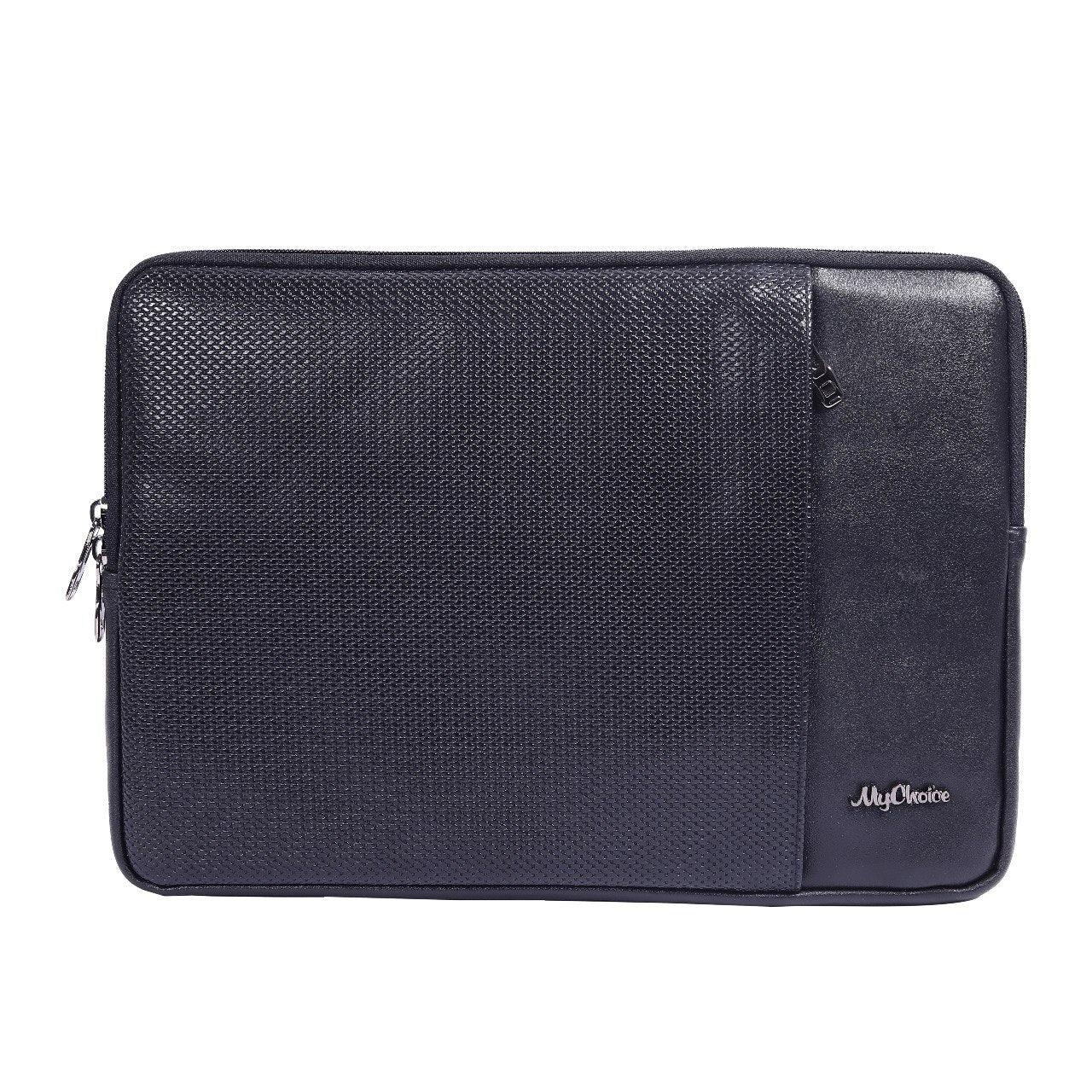 Black laptop sleeve with 'My Choice' branding on a white background