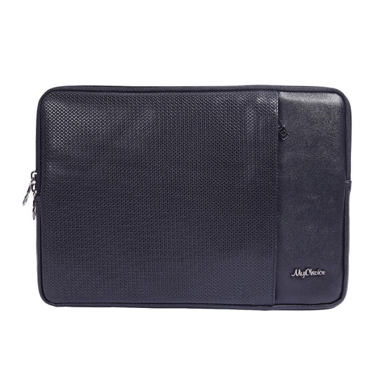 Black laptop sleeve with 'My Choice' branding on a white background