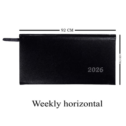 Black weekly horizontal planner with dimensions and '2026' printed on it.