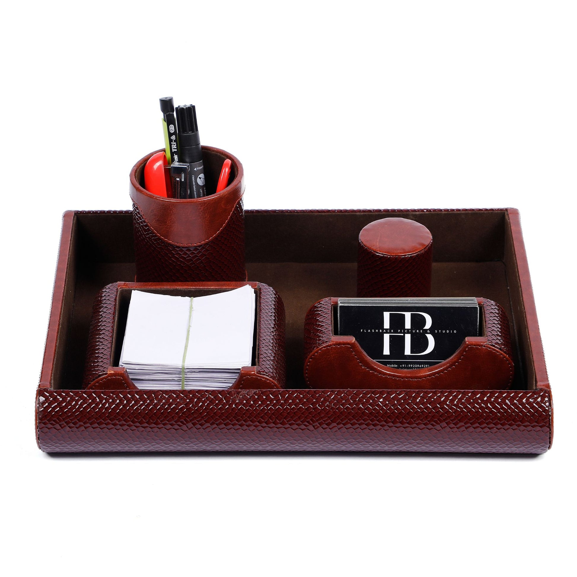 Brown Vegan Leather Desk Organizer with Wooden Core