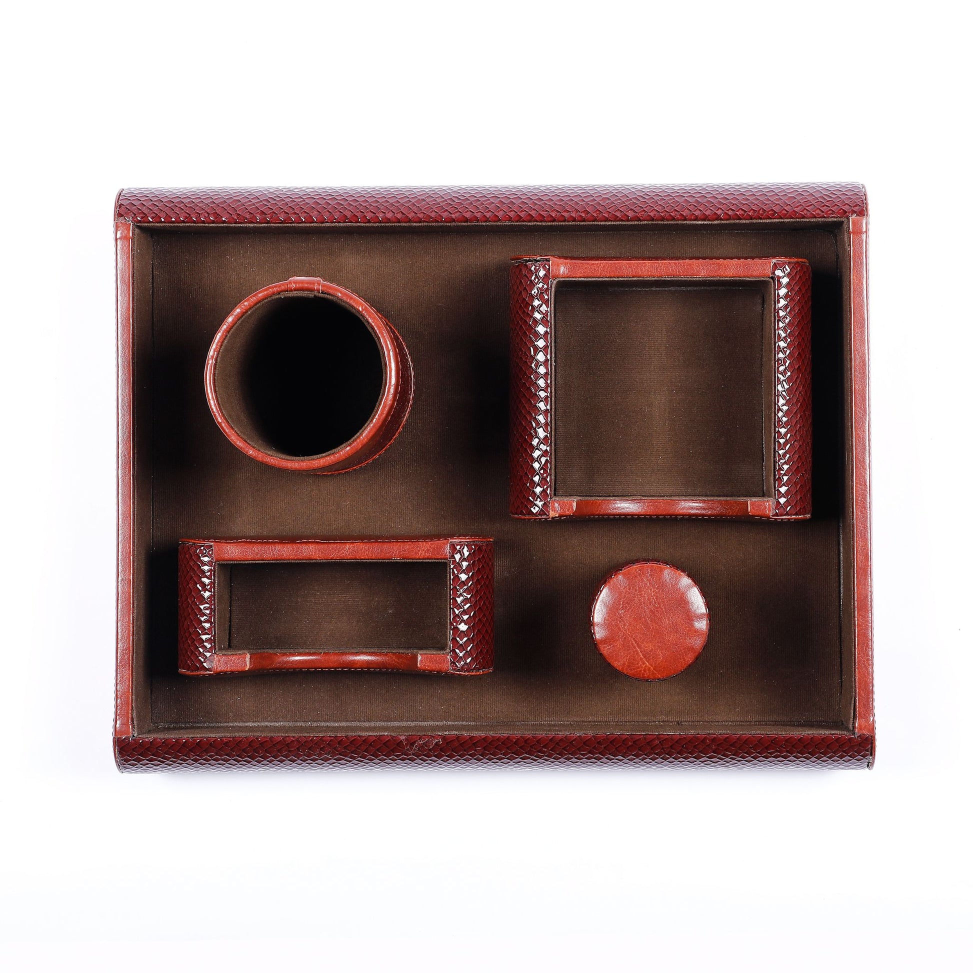 Brown Vegan Leather Office Desk Organizer with Wooden Core