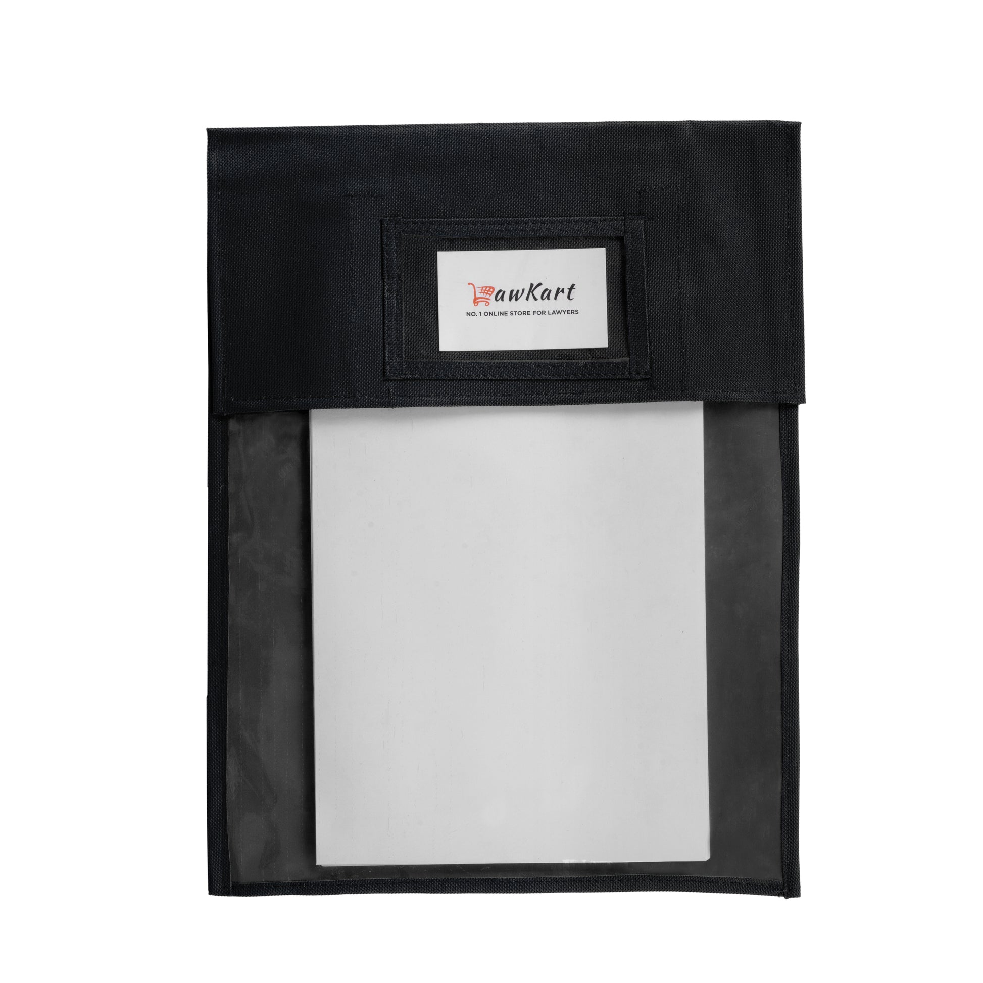 Black pouch with a white label on a white background