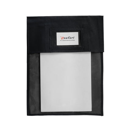 Black pouch with a white label on a white background