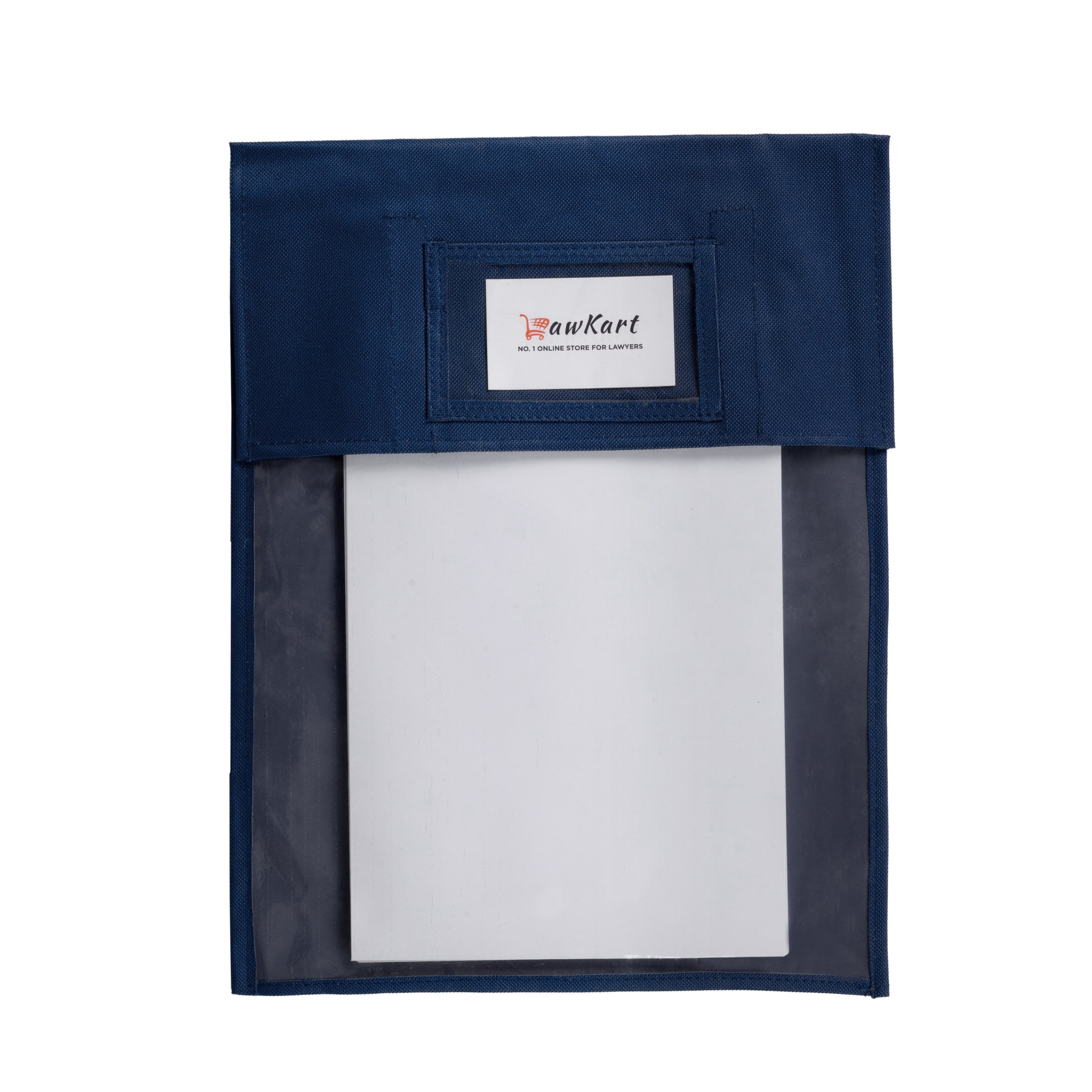 Navy blue pouch with a white interior and visible brand logo on a white background