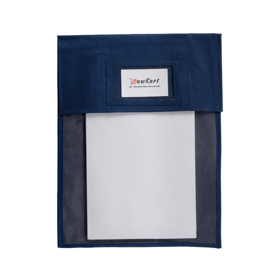 Navy blue pouch with a white interior and visible brand logo on a white background