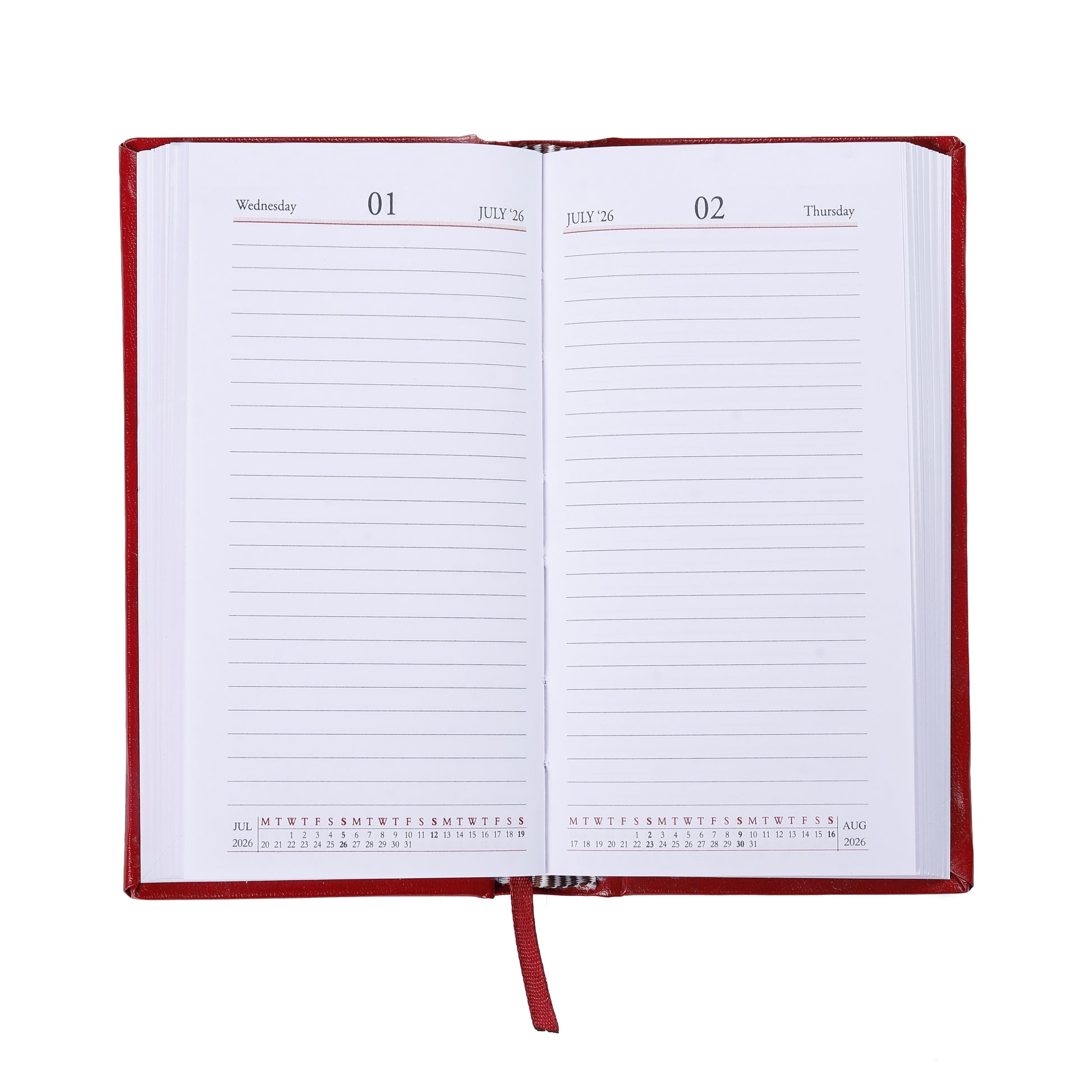 Open daily planner with red cover on a white background