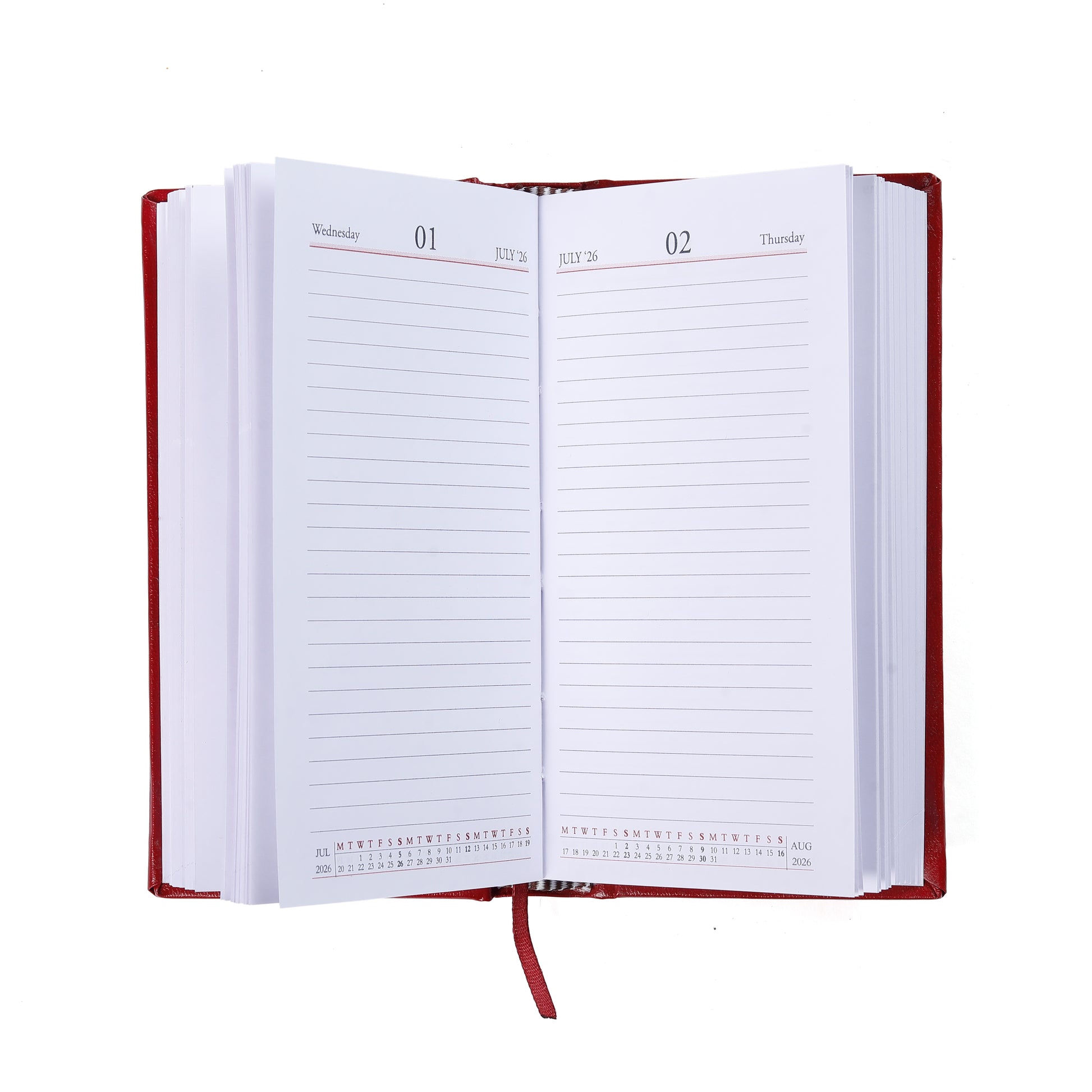 Open daily planner with red hardcover on a white background