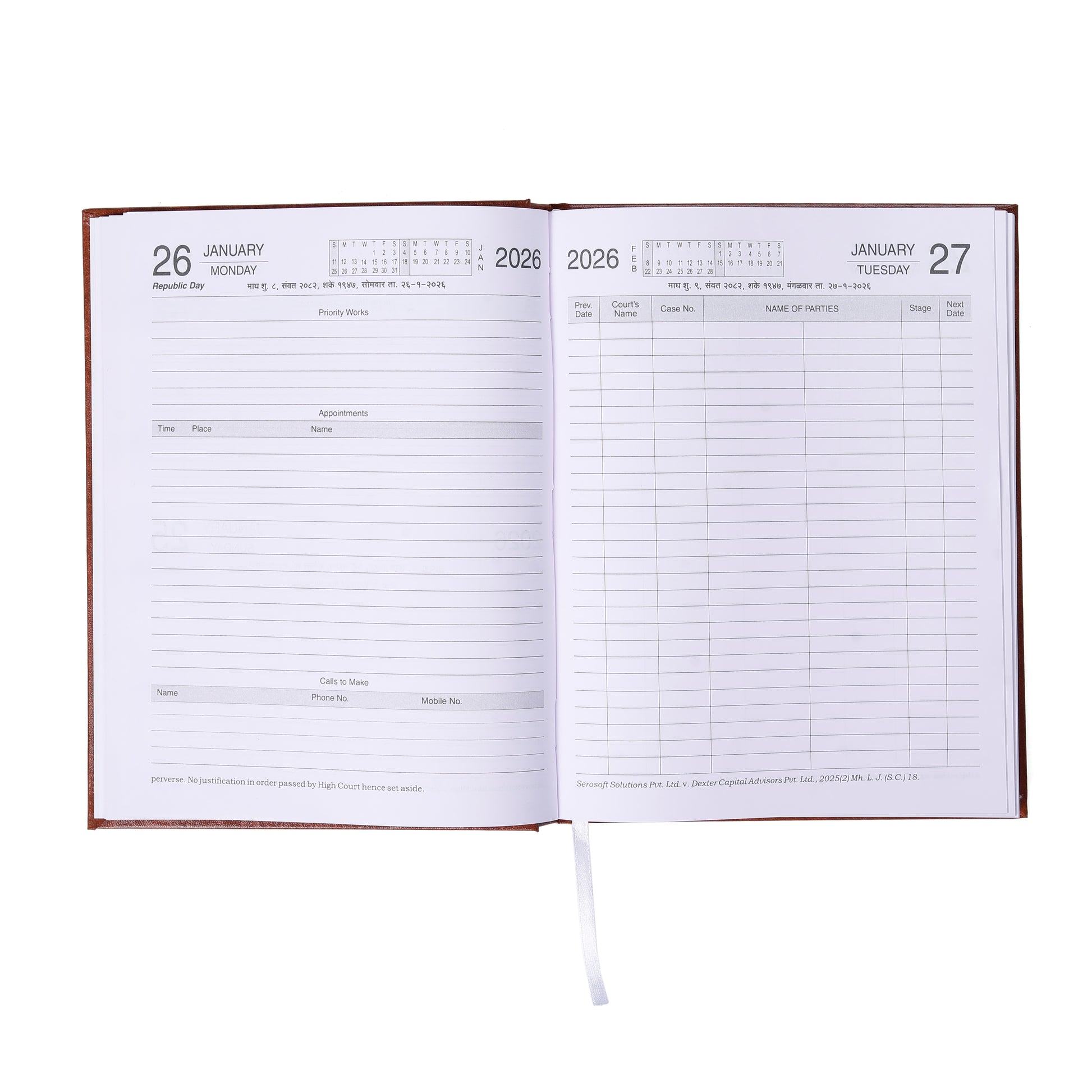 Open planner showing calendar and daily schedule pages on a white background