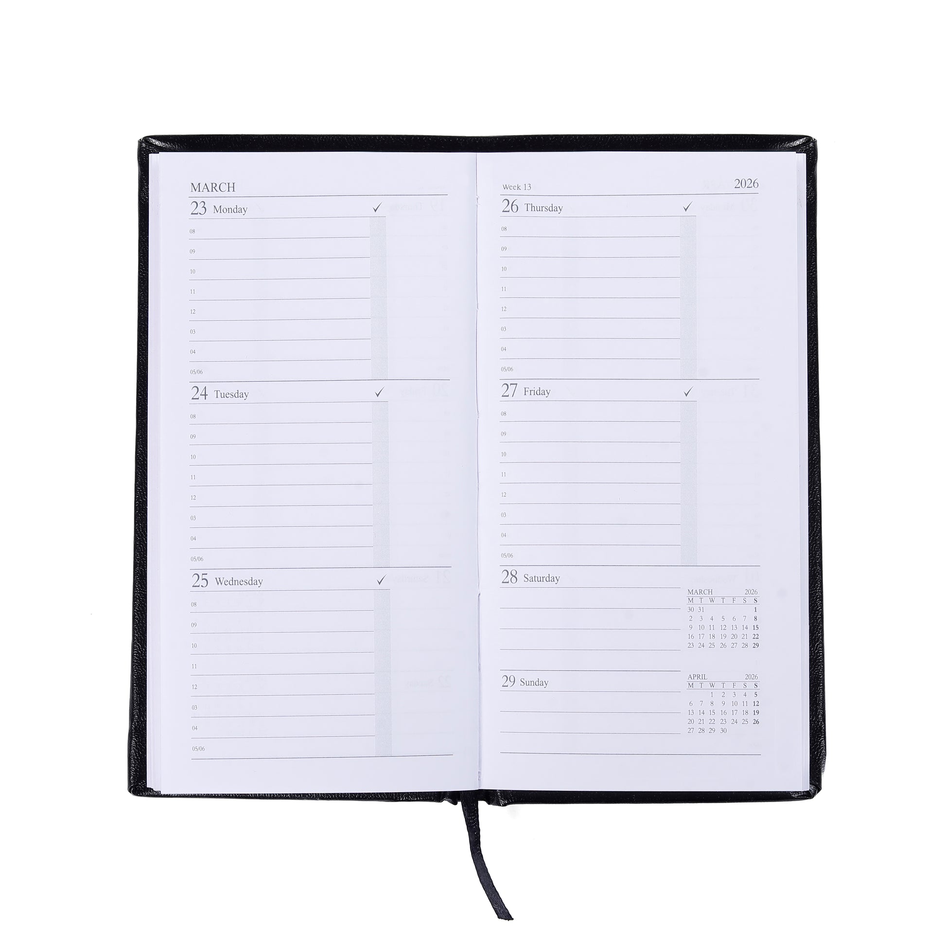 Open planner with a monthly layout on a white background