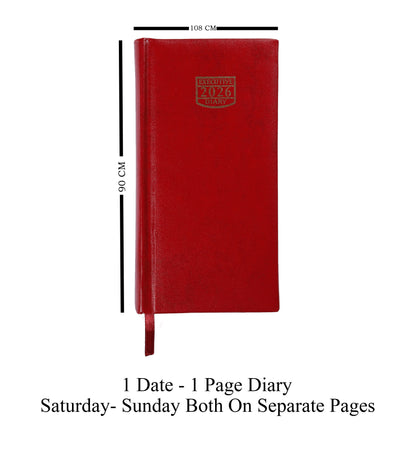 Red diary with dimensions and text on a white background