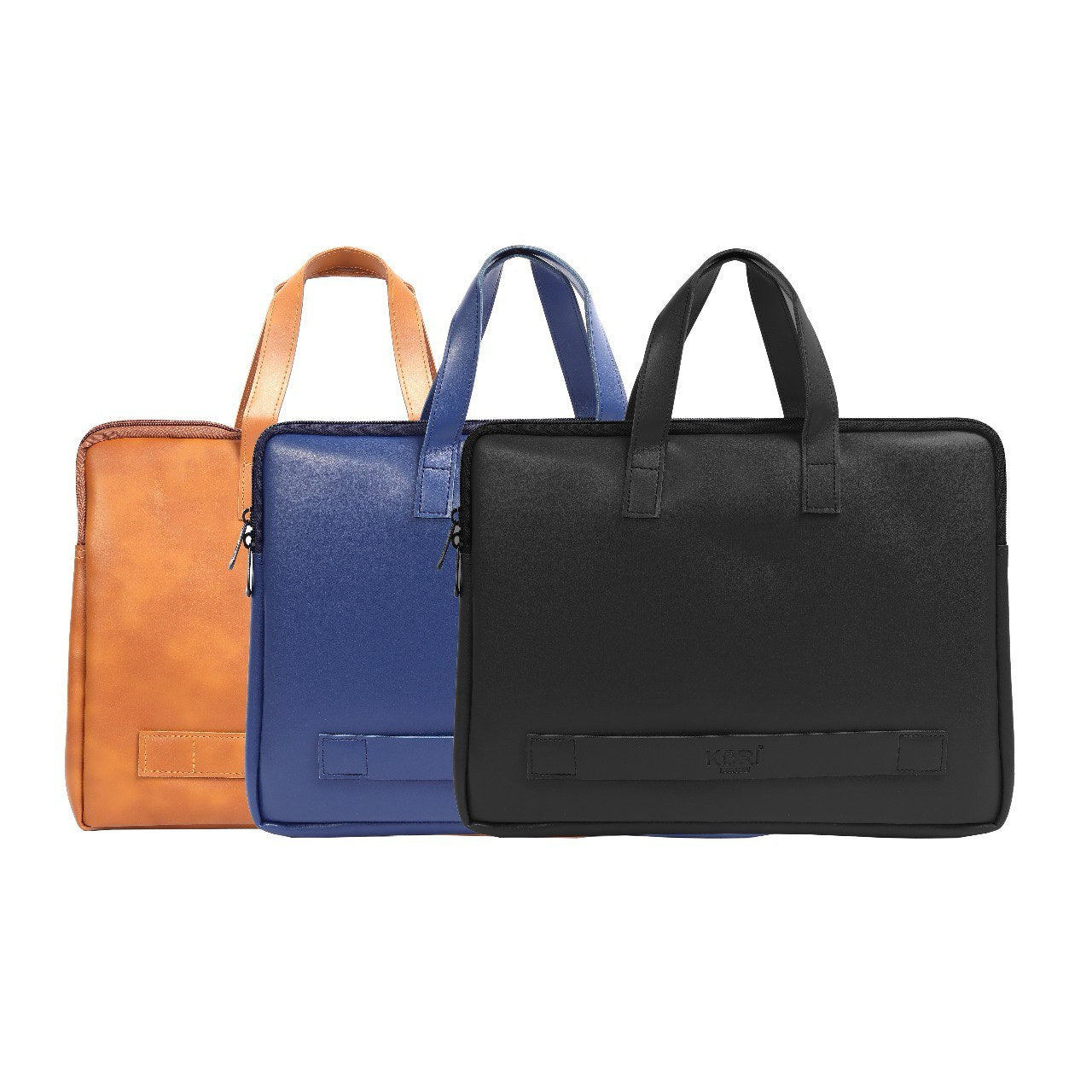 Three bags in brown, blue, and black on a white background