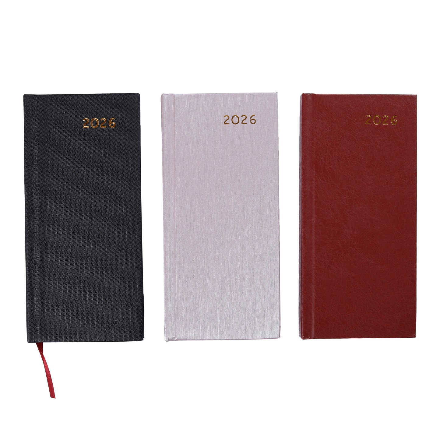 Three diaries in black, white, and red with '2026' printed on the cover against a white background.