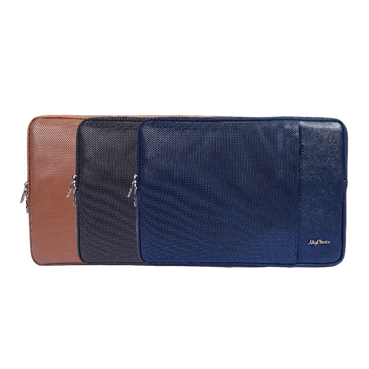 Three laptop sleeves in brown, black, and blue on a white background