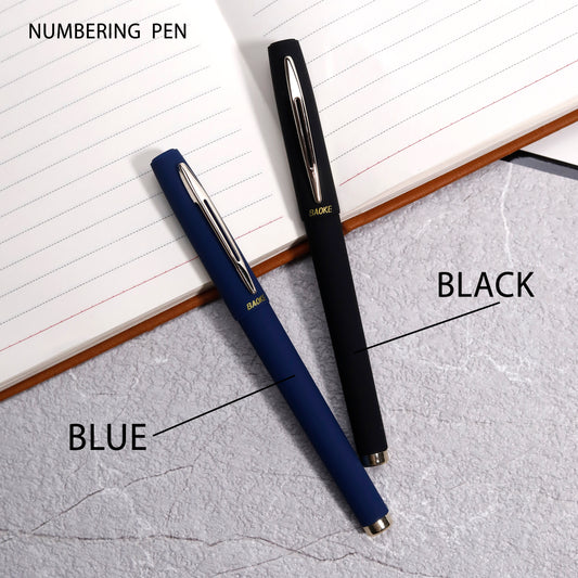 Two gel pens, one labeled 'NUMBERING PEN', lying on an open lined paper notebook with the pens' caps removed, showing the blue and black ink.
