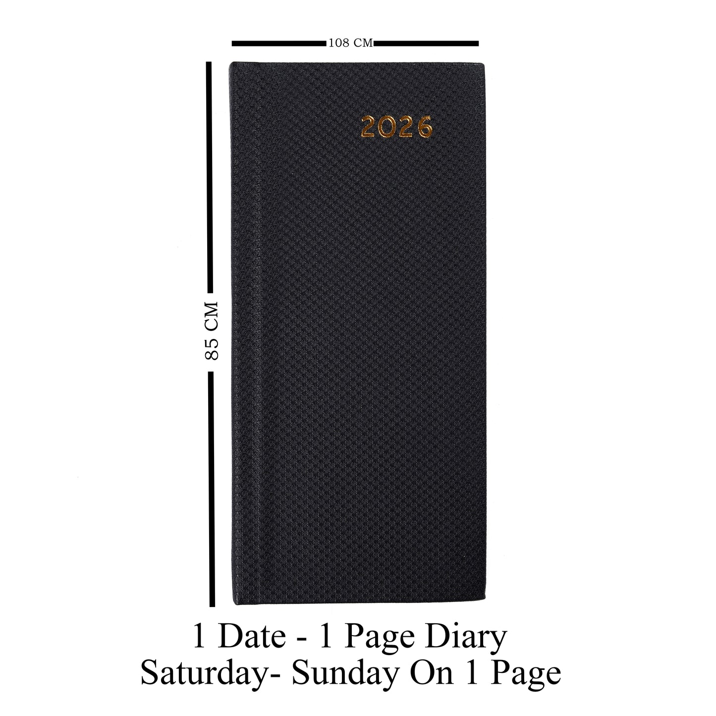 Black diary with '2026' on the cover, showing dimensions and text about its layout.