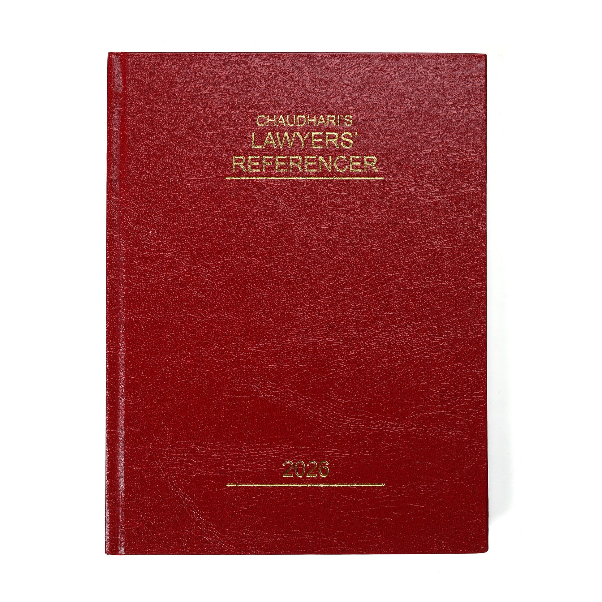 Red leather-bound book titled 'Chaudhuri's Lawyers' Referencer 2026' on a white background